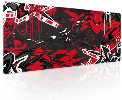 Kawani Black Red Gaming Mouse Pad XL Abstract Graffiti Geometric Cool Extended Big Large Desk Mat Non-Slip Rubber Base Stitched Edge Long Keyboard Mousepad for PC Computer Laptop,31.5×11.8 in