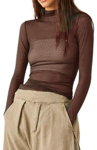 Geagodelia Maglietta trasparente da donna in rete a collo alto, sexy a maniche lunghe chic alla moda, marrone, M