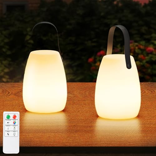 RWWR 2 Stück LED Outdoor Lampe Tischlampe klein Kabellos Tischlampe 8 Farben akku tischleuchte Dimmbar mit Fernsteuerung IP44 für Camping Garten Balkon Terrasse(Trompete-Silikon-Tragegriff)