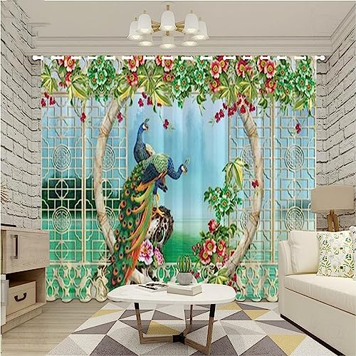Pencil Pleat Blackout Curtains Chinese Window Peacock 150 X 166 Cm Indoor Blackout Curtain, 3D Thermo-Insulating Window Curtains Polyester Material Bedroom Drapes Blackout Curtains -7F8J/L8I