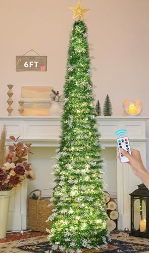 HMASYO Sapin de Noël artificiel pliable avec 100 lumières LED à minuterie et télécommande, alimenté par USB, flocons de neige décoratifs, décoration pour maison, bureau, fête, 1,8 m, vert