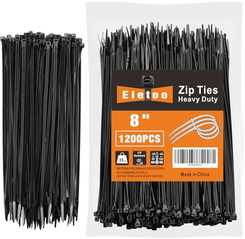 Eletoo 8 Inch Black Zip Ties 1200 Pack, 35 LBS Tensile Strength, Self-Locking Nylon UV Resistant Cable Ties for Indoor and Outdoor