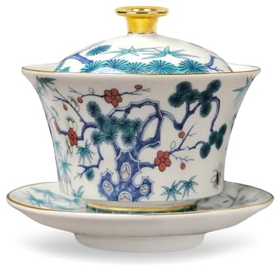 fanquare Chinesische Gaiwan Pflaume Bbamboo Kiefer Porzellan China Traditionelle Gaiwan Sancai Tee Schale mit Deckel Vintage Teetasse Untertasse Abdeckung Set für Haus Büro 200ML