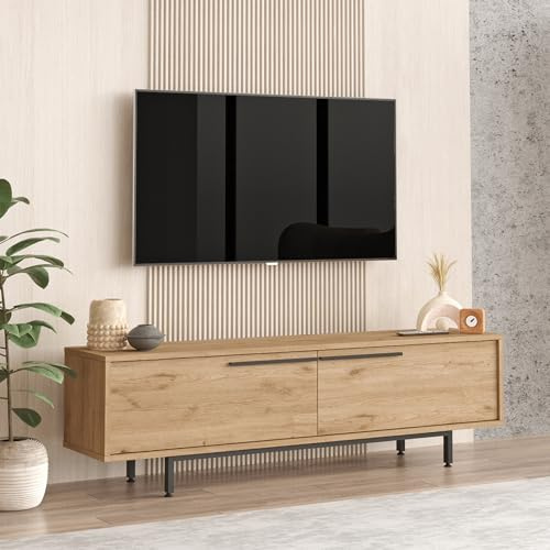 [en.casa] TV-skåp Urejovle lågbord med 2 dörrar TV-bräda ekutseende TV-bord TV-skåp 160 x 36 x 45 cm metallram