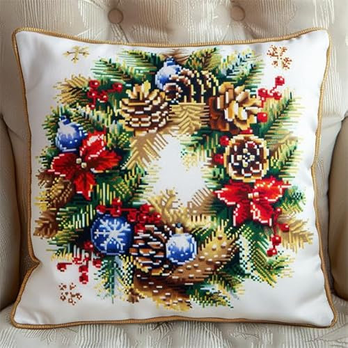 kitphoenix Knüpfkissen Set Weihnachten Latch Hook Kissen Kit Knüpfteppich Knüpfpackung Set, Sofakissenbezug Handgemachte Geschenke,43cmX43cm