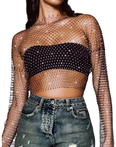 BLPRKOT Débardeur pour femme en maille transparente brillante - Filet de pêche - Strass - Couvercle en maille transparente - Haut creux - Club étincelant - Vêtement sexy - (M)