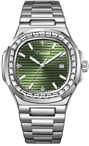 DAXIAOYU Lyxig strass infattning män automatisk mekanisk klocka rostfritt stål fjäril spänne armbandsur vattentät lysande kalender display affärsklockor, Silvergrön, Lyx