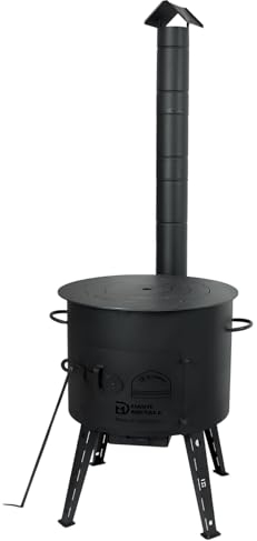 Utschak Ø40 Uchag Eintopfofen mit Schornstein Abzugsrohr Utschag Campingofen Adapter-Ringe für Kazan Herdplate Kasan Feuerstelle Feldküche Außenküche Ofen Grill Gulaschkanone Gusseisentopf Feuerofen