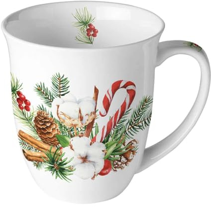 Ambiente Kaffeetasse Teetasse Becher mug 0,4 l Fine Bone China Porzellan Zweige Zapfen Blumen Weihnachten Advent christmas arrangement