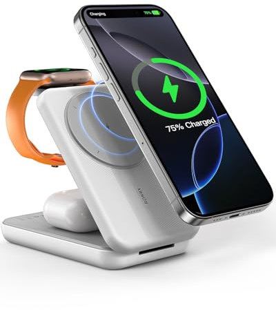 RORRY Powerbank für Magsafe, 10000mAh Magnetische Power Bank Kompatibel mit iPhone 16 15 14 13 12 Pro Max, Faltbare 3 in 1 Kabellose Ladestation für Apple Watch 10/9/8/7/6/5/4/3 AirPods Pro, Weiß