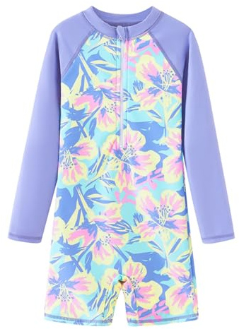 Girls Rash Guard Long Sleeve One Piece Swimsuits with UPF 50+ Sun Protection Zipper Bathing Suits Lavender Colored Flowers,12Y