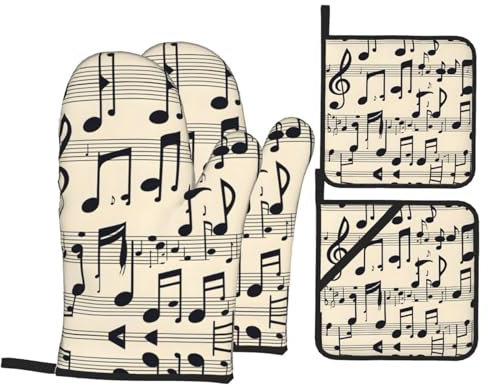 Ofenhandschuhe und Topflappen, Vintage-Musiknoten, Grillhandschuhe und Halter zum Kochen, Backen (4-teiliges Set)
