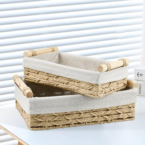 YBCCBY 2 Stück Aufbewahrungskorb Geflochten Aufbewahrungsbox Boho mit Griffen Regalkorb Badezimmer Korb Geflochten Rattankorb Wickeltisch Organizer mit Futter Flechtkorb Gewebt Bastkorb für Regale
