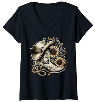 Damen Western Cowboystiefel Hufeisen Sonnenblume Seil Cowgirl Country T-Shirt mit V-Ausschnitt