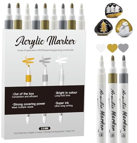 LAPLBEKE Gold Silber Weiß Acrylstifte Set, 9 Stück Metallic AcrylMarker, 2-3mm Mittelspitze Permanent Marker Stifte für Steine, Holz, Papier, Metall, Zeichnen, Kunststoff, DIY Kunstprojekte (3X3)