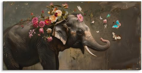 Paul Sinus Wandbild 120x60cm – Poetischer Elefant – Kunstvolle Darstellung mit floralen und lebendigen Details