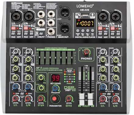 EBAYTV Mezclador de Audio, Consola de Mezclas de 6 Canales con Bluetooth, Ecualizador de 7 Bandas, Mezclador de Sonido, 48 V, 99 Efectos DSP, USB, PC, Profesional, Am-AX6