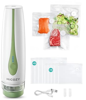 HiCOZY Vacuum Sealer for Food with Visible Water Tank, Powerful Compact Handheld Vacuum Sealer Machine with LED Battery Display, 30 BPA-Free and Reusable Bags, Green