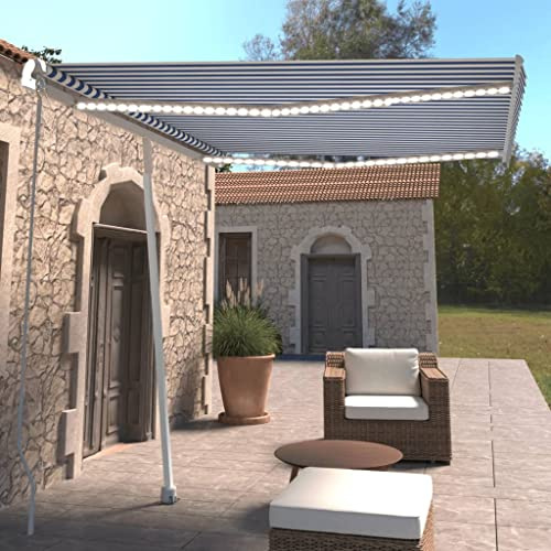 IKAYAA Tenda da Sole 300x250 Tenda da Sole Retrattile Manuale LED Tenda a Braccio per Esterno Tenda da Sole a Bracci Estensibili Parasole Protezione UV Impermeabile-Blu e bianco-300 x 250 cm