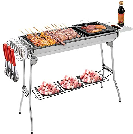 Tomotato Barbecue Grill portable en acier inoxydable, Gril de cuisine extérieur réglable léger avec panier de rangement, Plateau en alliage d'aluminium, Grand modèle pour camping p