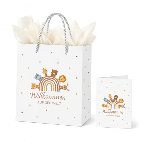 THXFUNAREA 4-teiliges Set Geschenktüten Geschenke zur Geburt Geschenktasche mit Junge Mädchen Babyparty Baby Shower Papiertüten mit Griff Verpackung mit Seidenpapier, Grußkarte und Umschlag