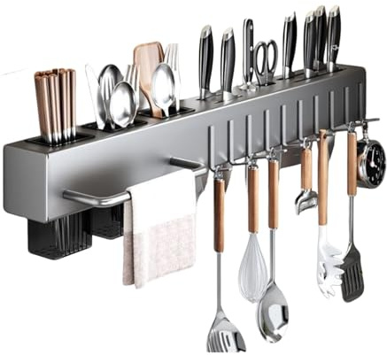 Portacoltelli for Montaggio A Parete,Scaffale di Stoccaggio Portautensili da Cucina con Gancio,Opzioni di Montaggio Autoadesive/perforanti Portacoltelli A Parete in Acciaio Inox(60cm 10 Hooks)