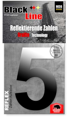 MDS Brand Design 20cm Zahlen Aufkleber | Selbstklebende Hausnummern zum aufkleben | Klebezahlen für Mülltonne, Briefkasten, Hausnummer & Auto | Optimal für Außen & Innen (Reflex Schwarz, 5)