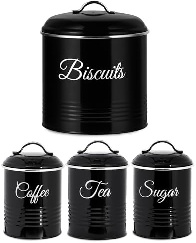 Innoteck Airtight 5.3L Biscuit Tin with Lid & Tea Coffee Sugar Canisters Set of 3 – Metal Cookie Jar and Food Storage Containers for Freshness and Organisation, Black