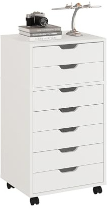 KOMTO Rollcontainer mit 7 Schubladen Weiß – Schubladenschrank, Büro Kommode, Rollschrank, Aktenschrank mit Rollen für Office | Bürocontainer ROLVO 49 x 40 x 90 cm