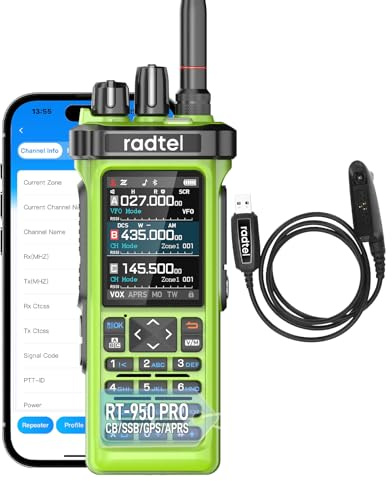 Radtel RT-950 PRO Amateurfunkgerät TX GPS/APRS, 10 W Walkie-Talkie mit großer Reichweite, Handfunkgerät, AM/FM/CB/SW/MW/LW RX, Bluetooth-App-Programmierung, Grün (mit Programmierkabel)