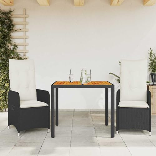 QJBSAVVA 3-TLG. Garten-Bistro-Set: PE-Rattan-Sessel verstellbar, Akazienholz-Tisch 90 cm, schwarz-cremeweiße Kissen, Balkon-Set