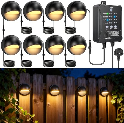 LightingWill Garden Lights Mains Powered with Timer and Photocell Sensor, 8 Pack LED Fence Lights, 3000K Warm White, IP67 Low Voltage Garden Lights for Fence, Yard, Patio, Pathway