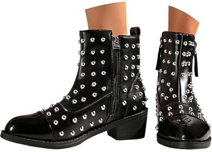Bottines 2026 avec fermeture éclair latérale, talon épais, style punk rock bas, bordure cloutée, design décontracté, confortable et durable, idéales pour toutes les tenues polyvalentes., Noir , 36 EU