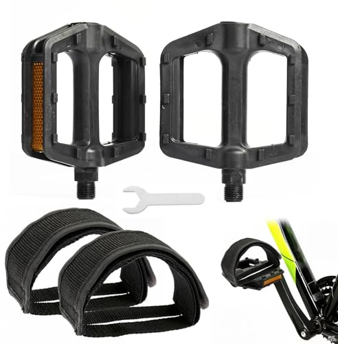 Pédales de vélo et sangles réglables - Avec clé de montage - Antidérapantes - Pour vélo de route, VTT, trekking, vélo électrique - Noir