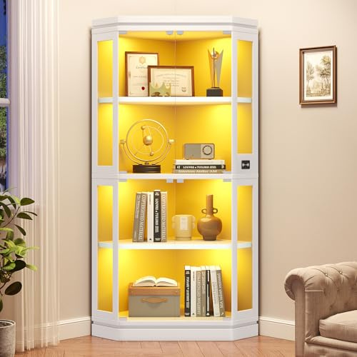 Jocoevol Corner Display Cabinet with Glass Doors,3 Color LED Lights,White | 170cm Tall, 4 Tier Glass Display Cabinets with Human Body Sensor & Rebounder Door, Display Case for Living Room