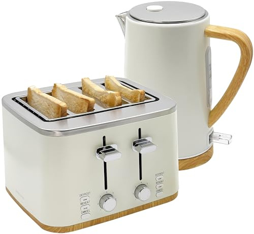 Andrew James Kettle and 4 Slice Toaster Set, 1.7L Rapid Boil Kettle & 4 Slice Toaster Wide Slots, Defrost & Reheat Function, Modern Matching Kitchen Set, Matt Ivory Effect with Wood Effect Handles