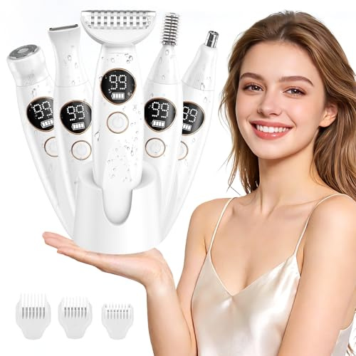 5-in-1 Rasierer Damen, Elektrorasierer für Damen Nass-Trockenrasierer Wasserdicht Bikini Trimmer mit Ladestation Damenrasierer für Beine, Arme, Achseln und Gesichtsbehandlung Intimrasierer für Frauen