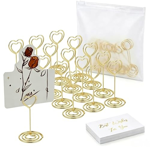 Heart Gold Table Number Holders, 16 Pack 3.35 Inch Desktop Photo Memo Clips | Includes 20 greeting cards & storage bag. Secure table numbers, photos & memos for wedding, birthday & party decorations