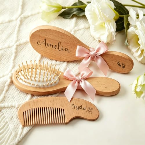 3er-Set Personalisierte Babybürsten Neugeborene Kleinkinder Zur Babyparty | Babyhaarbürste aus natürlichem Holz, unverzichtbares Babybürsten- und Kammset for Neugeborene mit dekorativer