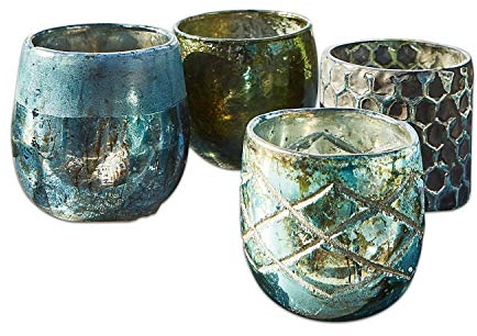 Loberon Windlicht Set Blau Grün Marine - Mundgeblasenes Glas - Deko Herbst & Winter - 4 Windlichter In Unterschiedlichen Größen