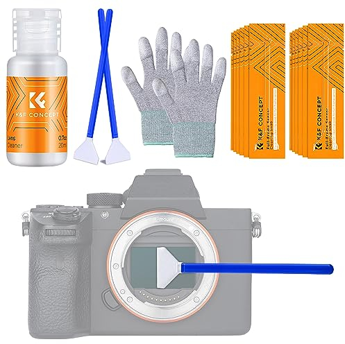 K&F Concept Kit de Limpieza Cámara,18 EN 1 Cleaning Kit con 16PCS Bastones Sensor Full Frame 24mm(Envasados al Vacío)+Líquido Limpieza+Guantes,Limpiedor del Sensor de Cámara para Objetivo/Canon/Nikon