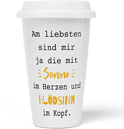 JUNIWORDS To-Go Becher mit Deckel, Am liebsten sind mir ja die mit Sonne im Herzen und Blödsinn im Kopf
