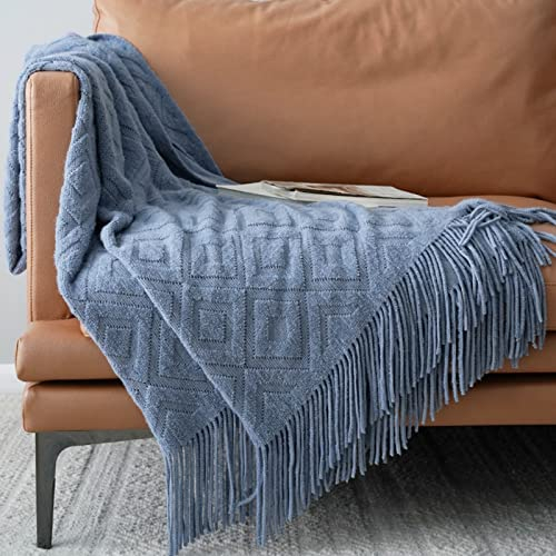 LumiSyne Knitted Throw Blanket Fringes Tassels Solid Color Jacquard Diamond Pattern Lightweight Soft Throws Armchair Cover Decorative Blanket For Couch Sofa Bed Settee 230x130cm