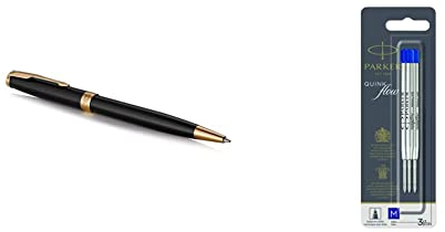 PARKER Sonnet Kugelschreiber | Schwarze Lackierung mit Goldzierteilen | Mittlere Spitze | schwarze Tinte | Geschenkbox & QUINKflow-Kugelschreiberminen | Mittlere Schreibspitze | Blau | 3 Stück