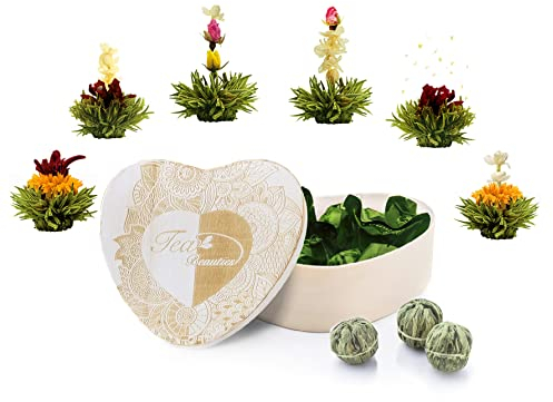 Creano Fleurs de thé dans une boîte en bois en forme de cœur - 6 sortes de thé vert- cadeau pour femme, mère