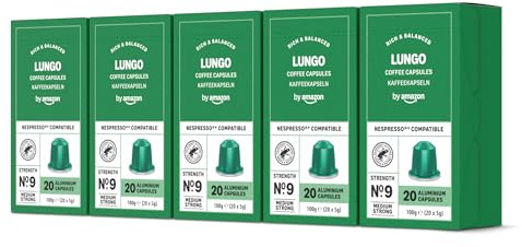 by Amazon Capsules de café Lungo compatibles avec Nespresso, en aluminium, torréfaction moyennement poussée, 100 Pièces, 5 lot de 20 - Certifié Rainforest Alliance