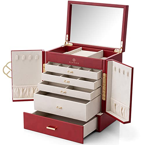 Vlando Grande boîte à bijoux 5 étages en cuir PU avec plateau amovible pour collier, boucles d'oreilles, bagues, bracelets, présentoir à bijoux pour femme, cadeau, rouge