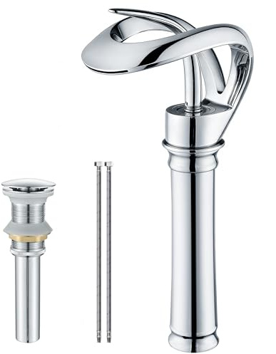 AUU Elegant Bathroom Sink Faucet 1 Hole Waterfall Tall Vessel Sink Faucet Solid Brass Chrome Finish,Pop Up Drian Included