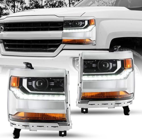 JSBOYAT HID/Xenon for 2016-2019 Chevy Silverado 1500 Headlight Assembly Replacement Projector LED DRL OE Style Factory Headlamp Pair Set Chrome Housing
