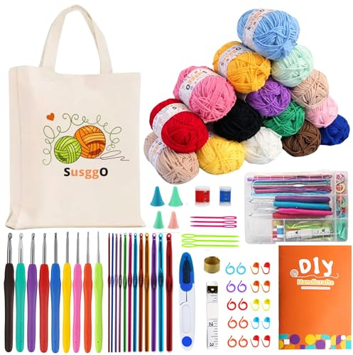 SusggO 73 Pezzi Set Uncinetto completo Kit Uncinetto Principianti Amigurumi - 15 Gomitoli Cotone di Latte - aghi all'uncinetto - Accessori Manuale e Borsa - Uncinetto Set DIY